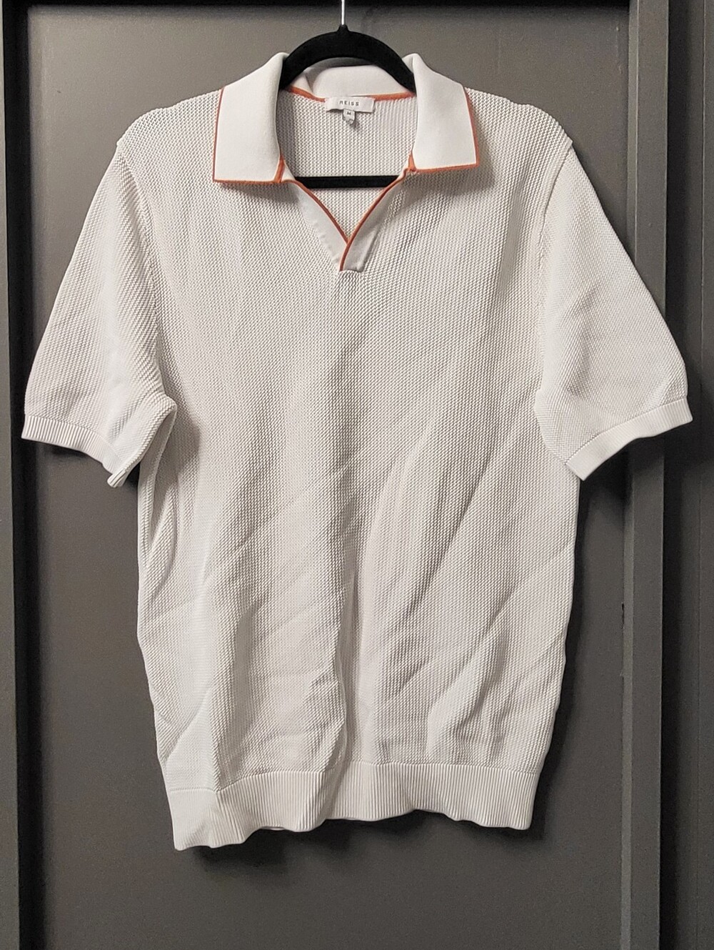 Reiss White Short-Sleeve Knit Polo with Orange Piping